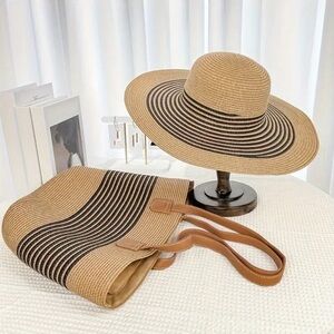 Stylish Tan and Black Straw Hat and Tote Set